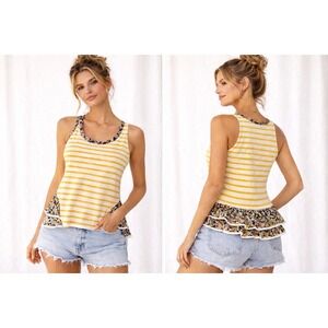 Anthropologie‎ Postmark Yellow Striped Floral Peplum Tank Top XS High Low